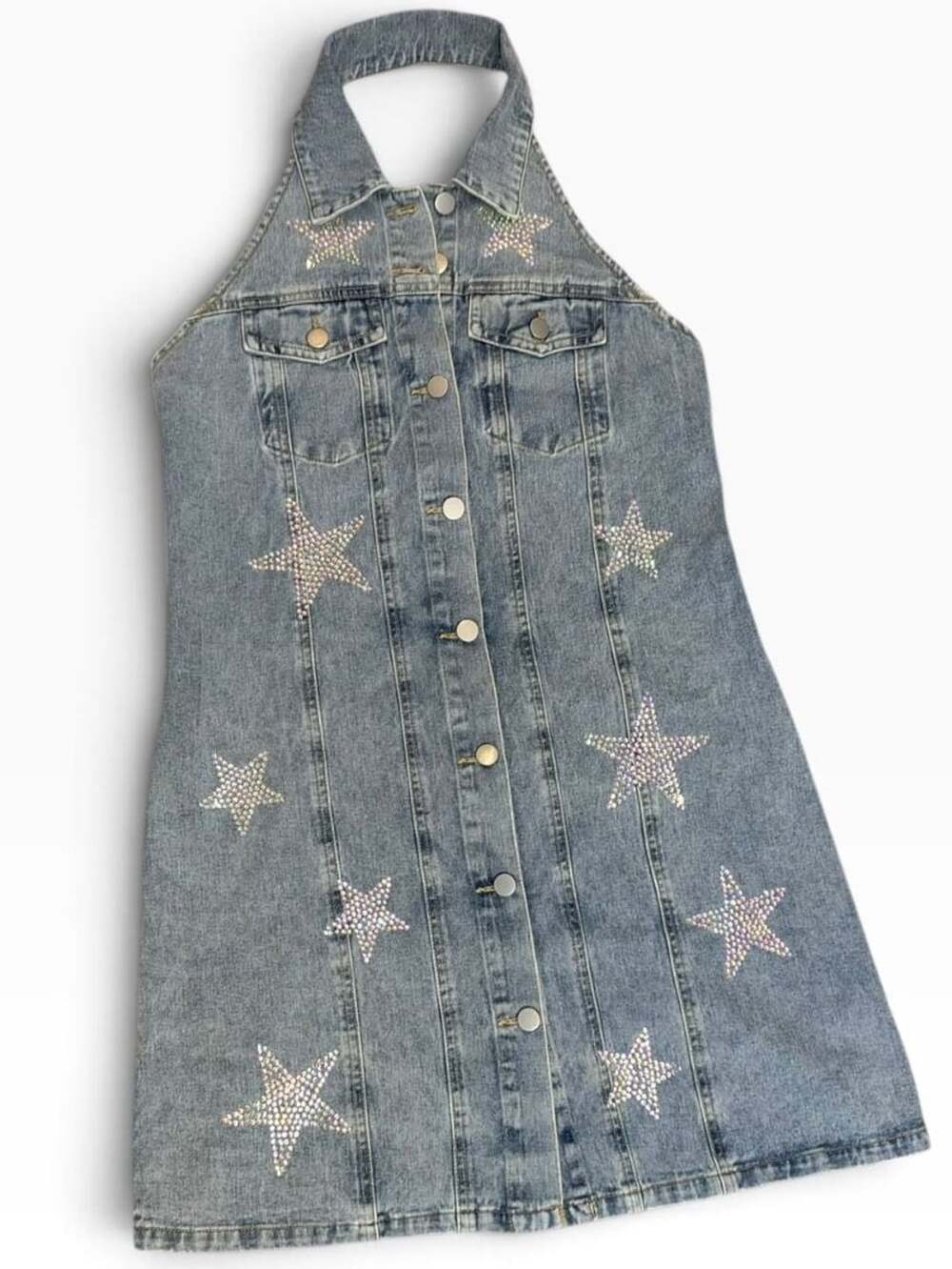 Blue B Halter Denim Mini Dress Rhinestone Stars small/medium